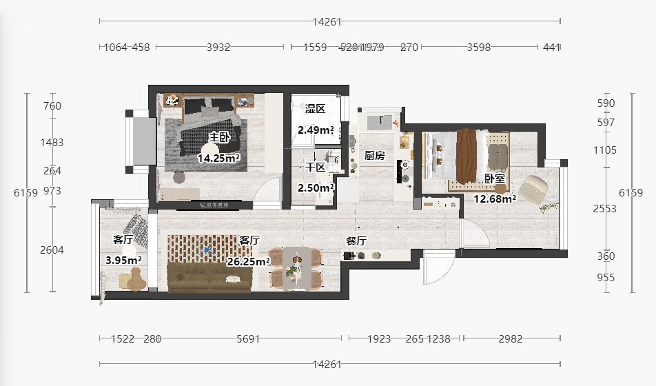 朱明琪｜韩府茗苑7-1-302-82㎡-轻法奶油风｜2室1厅1卫｜老房装修｜定制家｜全包11万｜00_03平面彩图